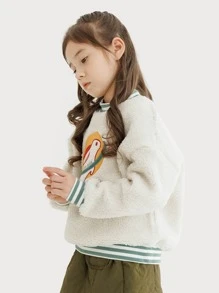 Chicas Pullover teddy con letra & con estampado de conejo de hombros caídos con forro térmico - Blanco - Ver 4