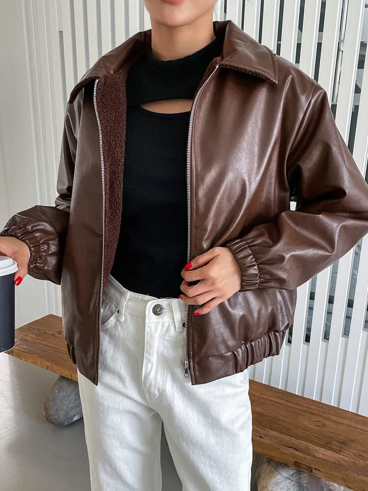 DAZY Fecho de Correr Forro de Pelúcia Pu Jaquetas - Café - Visão 1