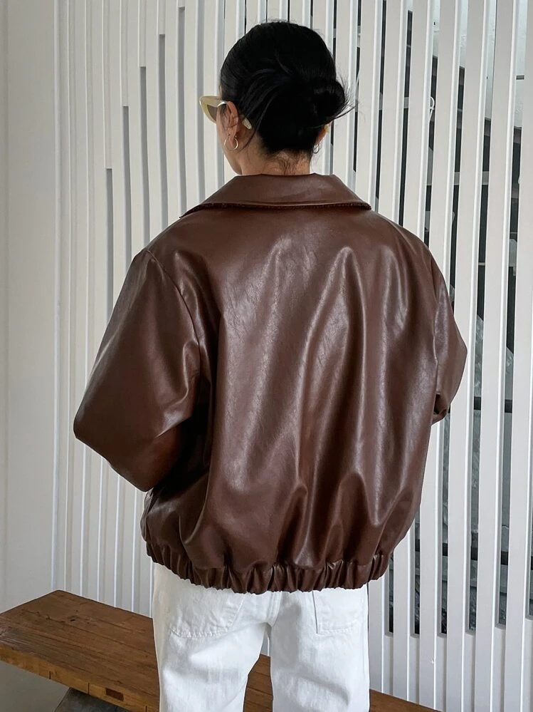 DAZY Fecho de Correr Forro de Pelúcia Pu Jaquetas - Café - Visão 2