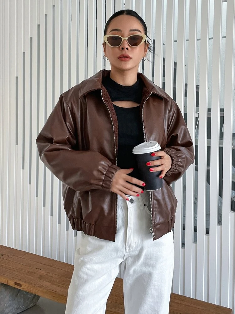 DAZY Fecho de Correr Forro de Pelúcia Pu Jaquetas - Café - Visão 4