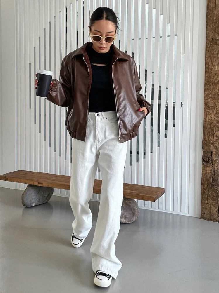 DAZY Fecho de Correr Forro de Pelúcia Pu Jaquetas - Café - Visão 5