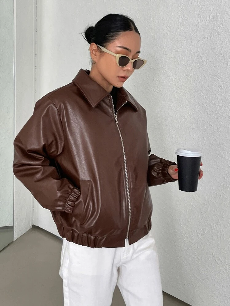 DAZY Fecho de Correr Forro de Pelúcia Pu Jaquetas - Café - Visão 7