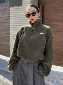 DAZY Letter Patched Drop Shoulder Half Zip Teddy Sweatshirt - Army Green - View 1