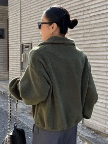 DAZY Letter Patched Drop Shoulder Half Zip Teddy Sweatshirt - Army Green - View 2