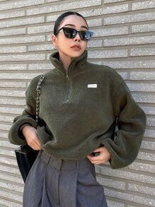 DAZY Letter Patched Drop Shoulder Half Zip Teddy Sweatshirt - Army Green - View 3