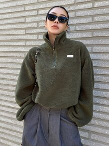 DAZY Letter Patched Drop Shoulder Half Zip Teddy Sweatshirt - Army Green - View 4