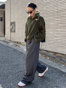 DAZY Letter Patched Drop Shoulder Half Zip Teddy Sweatshirt - Army Green - View 5