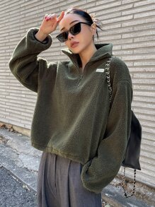 DAZY Letter Patched Drop Shoulder Half Zip Teddy Sweatshirt - Army Green - View 6