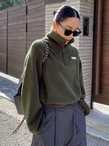 DAZY Letter Patched Drop Shoulder Half Zip Teddy Sweatshirt - Army Green - View 7
