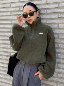 DAZY Letter Patched Drop Shoulder Half Zip Teddy Sweatshirt - Army Green - View 8