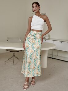 Sollinarry High Waist Allover Print Satin Skirt - Multicolor - View 5