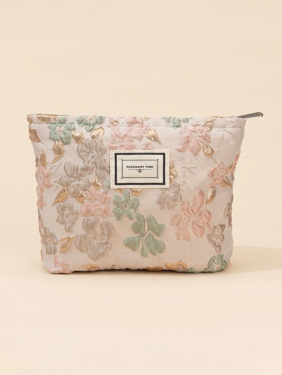 1pc Apricot Pink Big Flowers Embossed Handle Noble Three-Dimensional Large Capacity Waterproof Travel Portable Classic Soft Hexagonal Bag Makeup Bag For Women Girls Storage Makeup Organizer Makeup Case - Multicolor - View 1