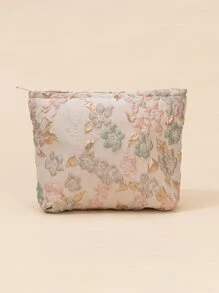 1pc Apricot Pink Big Flowers Embossed Handle Noble Three-Dimensional Large Capacity Waterproof Travel Portable Classic Soft Hexagonal Bag Makeup Bag For Women Girls Storage Makeup Organizer Makeup Case - Multicolor - View 2