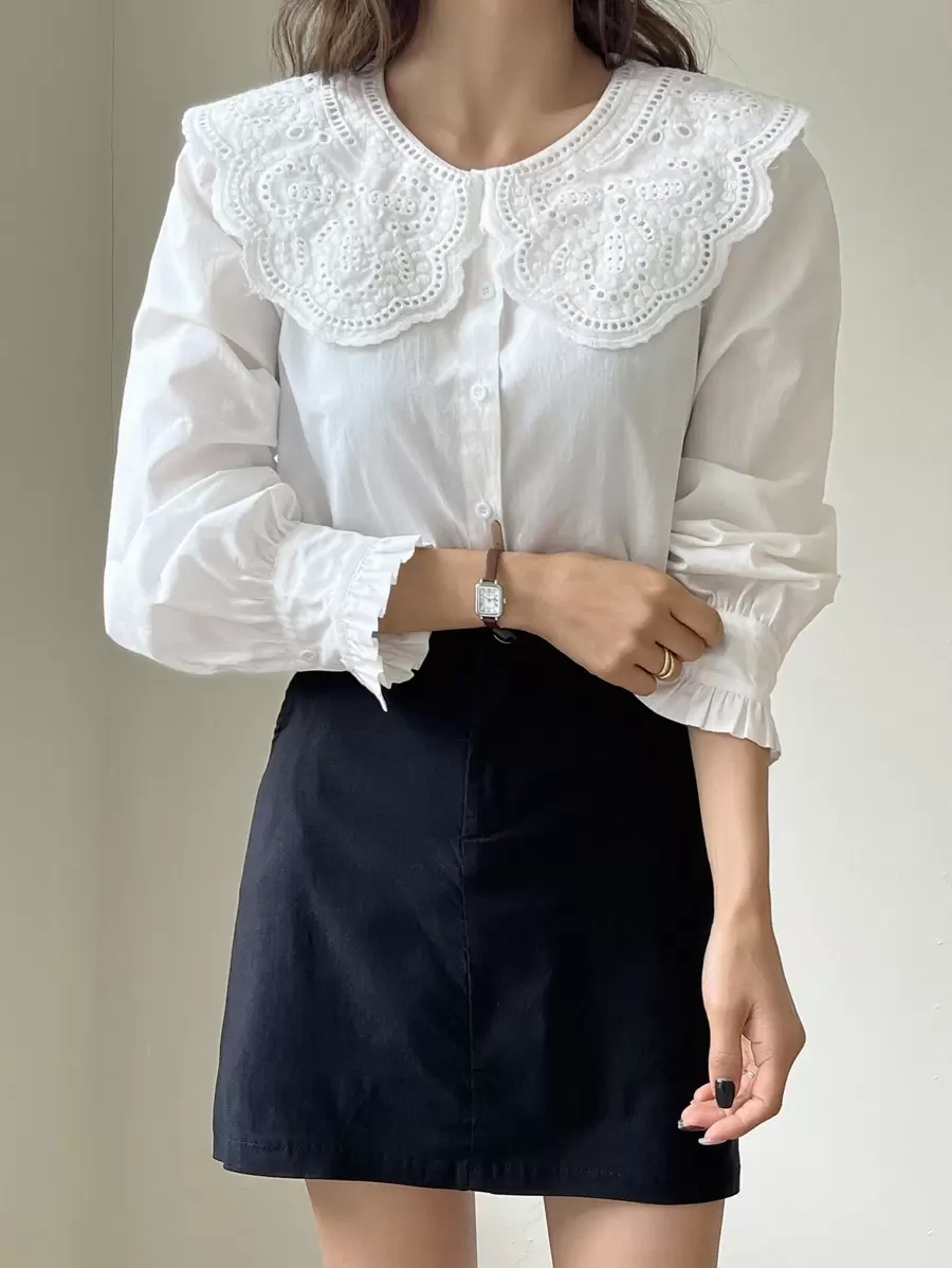 DAZY Eyelet Embroidery Statement Collar Flounce Sleeve Blouse,Long Sleeve Tops,Fall Women Clothes
