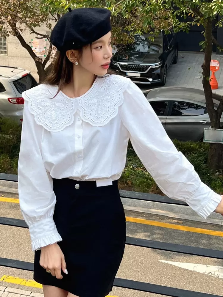 Eyelet Embroidery Statement Collar Flounce Sleeve Blouse,Long Sleeve Tops,Fall Women Clothes - White - View 7