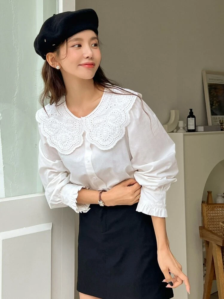 Eyelet Embroidery Statement Collar Flounce Sleeve Blouse,Long Sleeve Tops,Fall Women Clothes - White - View 8