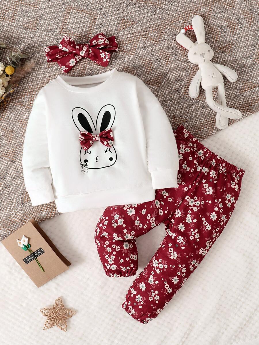 Baby Rabbit Print Bow Front Pullover & Floral Print Trousers & Headband - Red and White - View 1