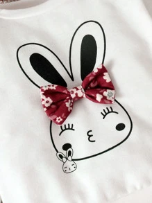 Baby Rabbit Print Bow Front Pullover & Floral Print Trousers & Headband - Red and White - View 3