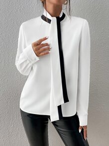 SHEIN Privé Blusa de cuello con cordón ribete en contraste - Blanco - Ver 3