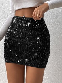SHEIN BAE Zipper Back Mini Sequin Bodycon Skirt - Black - View 5