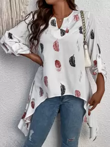 SHEIN LUNE Plus Graphic Print Roll Up Sleeve High Low Hem Blouse - White - View 2