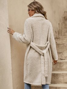 SHEIN LUNE Lapel Neck Slant Pocket Teddy Coat - Beige - View 2