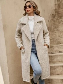 SHEIN LUNE Lapel Neck Slant Pocket Teddy Coat - Beige - View 3
