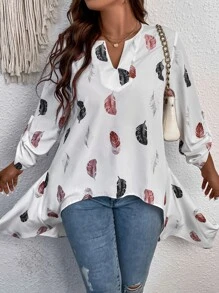SHEIN LUNE Plus Graphic Print Roll Up Sleeve High Low Hem Blouse - White - View 1