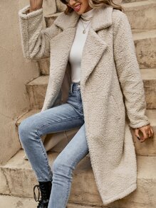 SHEIN LUNE Lapel Neck Slant Pocket Teddy Coat - Beige - View 7