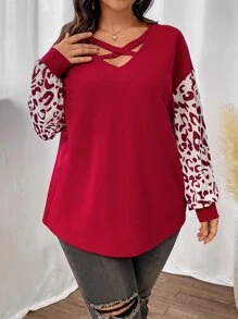 SHEIN LUNE Plus Leopard Print Crisscross Drop Shoulder Top