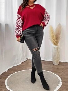 SHEIN LUNE Plus Leopard Print Crisscross Drop Shoulder Top