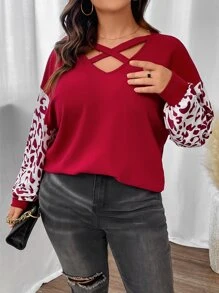 SHEIN LUNE Plus Leopard Print Crisscross Drop Shoulder Top