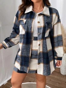 Calvaya 大碼格紋印花落肩袖翻蓋口袋外套和半身裙 - 彩色 - 查看 5