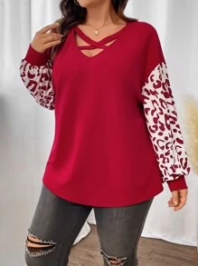 SHEIN LUNE Plus Leopard Print Crisscross Drop Shoulder Top
