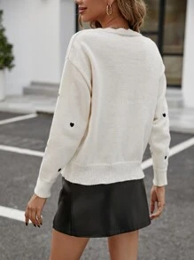 SHEIN Frenchy Heart Pattern Scallop Trim Drop Shoulder Jumper - Beige - View 2