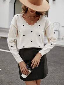 SHEIN Frenchy Heart Pattern Scallop Trim Drop Shoulder Jumper - Beige - View 6