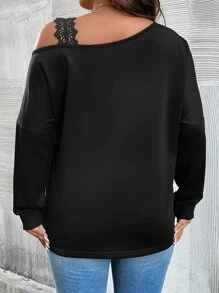 SHEIN Franclia Plus Guipure Lace Detail Asymmetrical Neck Drop Shoulder Sweatshirt - Black - View 2