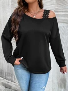SHEIN Franclia Plus Guipure Lace Detail Asymmetrical Neck Drop Shoulder Sweatshirt - Black - View 3