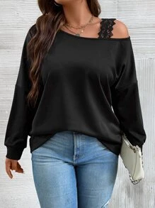 SHEIN Franclia Plus Guipure Lace Detail Asymmetrical Neck Drop Shoulder Sweatshirt - Black - View 1