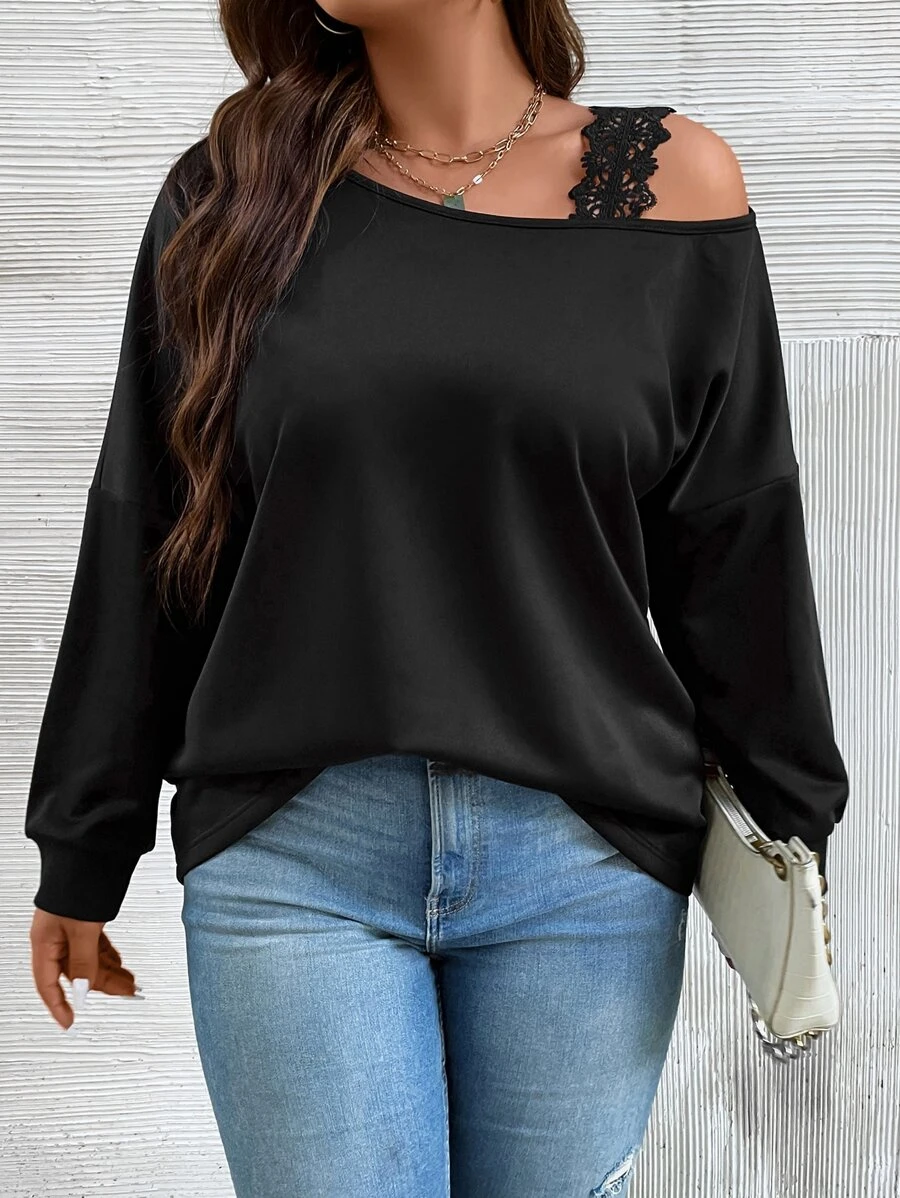 SHEIN Franclia Plus Guipure Lace Detail Asymmetrical Neck Drop Shoulder Sweatshirt - Black - View 1