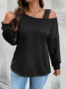 SHEIN Franclia Plus Guipure Lace Detail Asymmetrical Neck Drop Shoulder Sweatshirt - Black - View 5