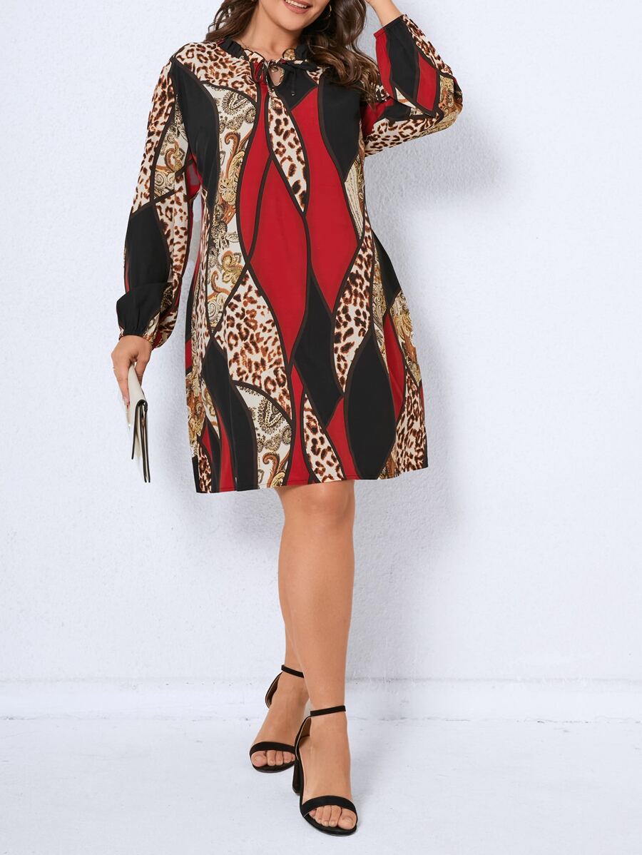 大碼豹紋印花撞色繫帶領燈籠袖連衣裙