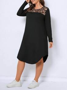 SHEIN LUNE Plus Leopard Print Curved Hem Dress - Black - View 1