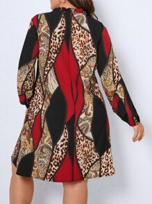 大碼豹紋印花撞色繫帶領燈籠袖連衣裙