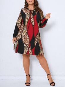 大碼豹紋印花撞色繫帶領燈籠袖連衣裙