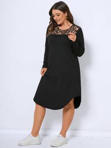 SHEIN LUNE Plus Leopard Print Curved Hem Dress - Black - View 6