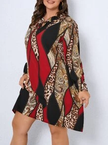 大碼豹紋印花撞色繫帶領燈籠袖連衣裙