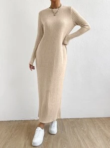 SHEIN Essnce 條紋針織T恤連衣裙不附腰帶 - 杏色 - 查看 3
