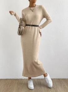 SHEIN Essnce 條紋針織T恤連衣裙不附腰帶 - 杏色 - 查看 4