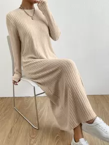 SHEIN Essnce 條紋針織T恤連衣裙不附腰帶 - 杏色 - 查看 6